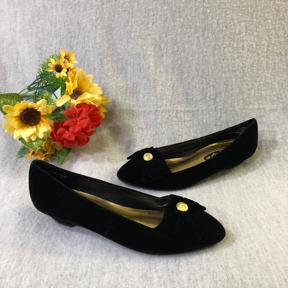 NWT - Black Velvet Flats with Bow and Gold Button Trim